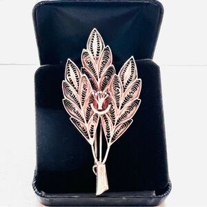 Vintage Sterling Silver Pin Filigree Leaf / Tree Motif Brooch